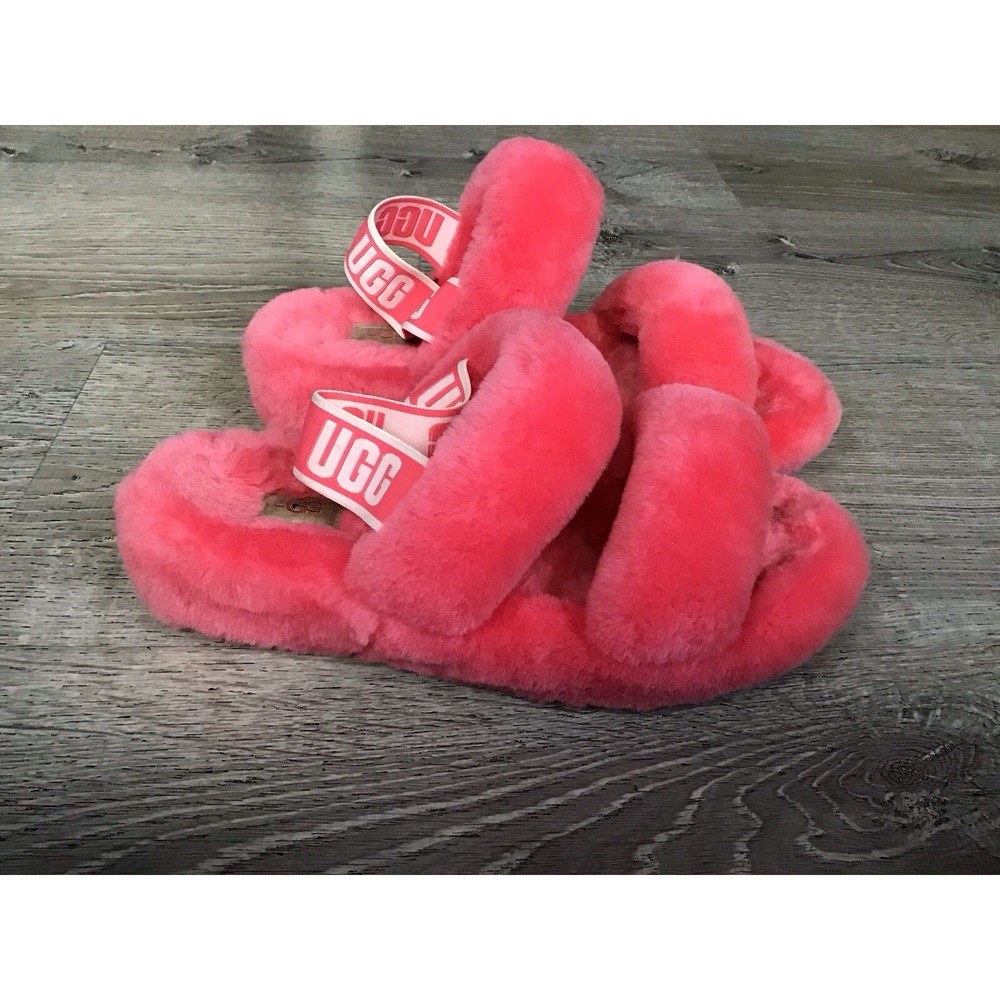 UGG Fluff Yeah Pink Shearling Slingback Open Toe Slippers Women's US 9 Slip On